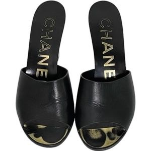 Chanel Black Leather CC Slide Wedge Sandals Size 37.5